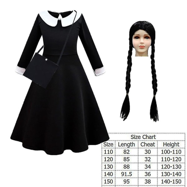 Wednesday Addams -asu, peruukki ja asut lapsille ja tytöille, naamiaisasu 150 DressC with Wigs Bag