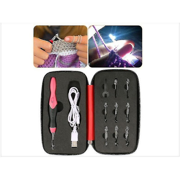 9 in 1 USB LED -virkattukoukut ja neulomineulat -setti Punainen
