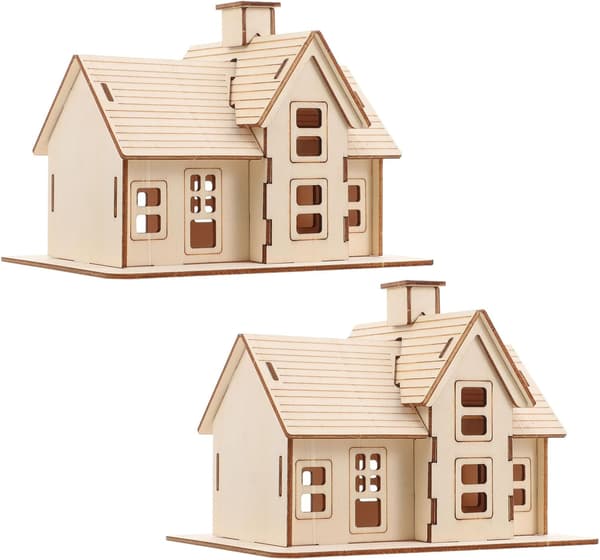 2 uppsättningar DIY trä 3D-pussel husmodellkit, omålad trästuga monteringshantverk