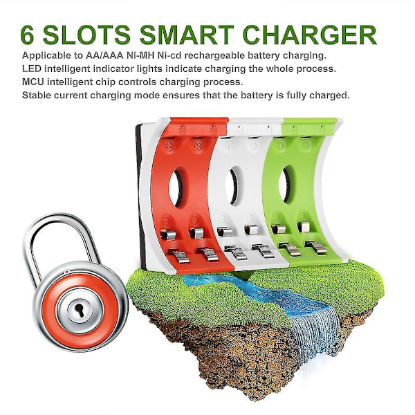Leise 6 Slots Smart USB Batterilader til Aa Aaa Batterier