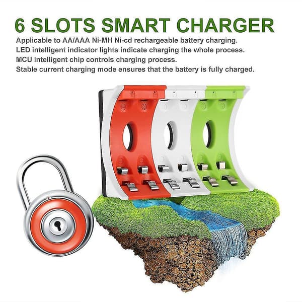 Leise 6-stikkers Smart USB Batterilader for AA AAA Batterier