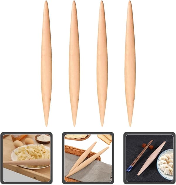 4 stk. kjevlesett i tre for deig- og pizzarulling, ergonomisk design i bøkemateriale