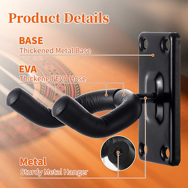 Gitarrväggfäste 2-pack Krokar Akustisk Elektrisk Bas Väggfäste Svart Metall Gitarrställ