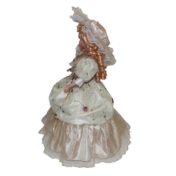 40cm Viktoriansk Porslinsdocka Figuriner i Beige Klänning Hatt Hem