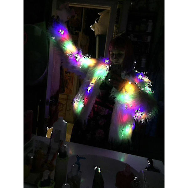 LED Pelsjakke for Kvinner Regnbue Glitrende Lysjakke Hvit Pels Rave Kostyme L-hyj