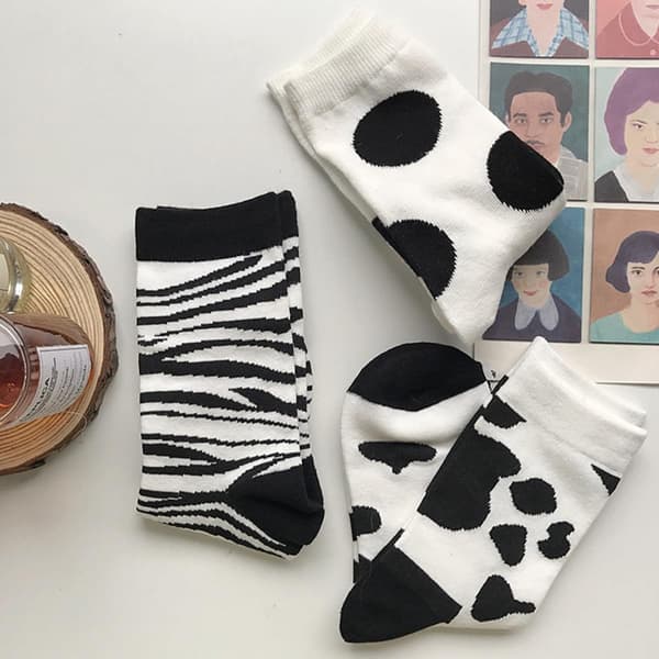 3 par bomuldsstrømper til kvinder med zebraprint, mellemlange bomuldsstrømper