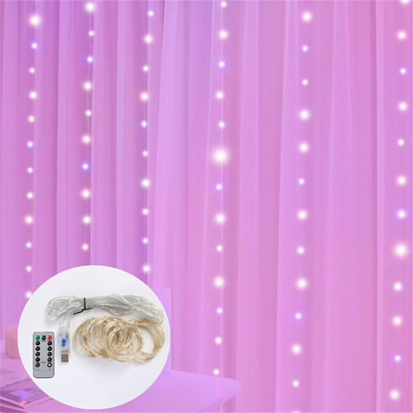 LED Gardinlysstreng 3x3m 300 LED 8 Moduser USB Fjernkontroll