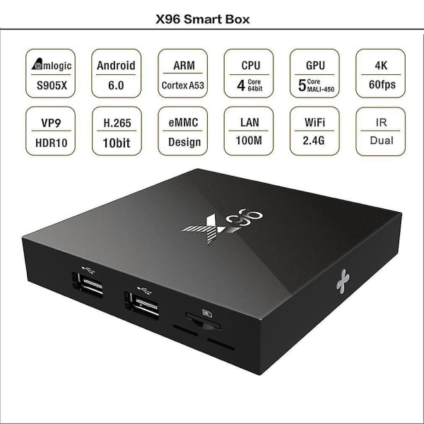 X96 S905x Quad Core 1 GB + 8 GB TV-boks, Topmontering, Sort