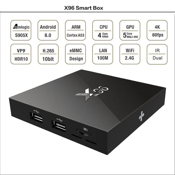 X96 S905x Quad Core 1g+8g Tv Box Toppar Väggfäste Svart