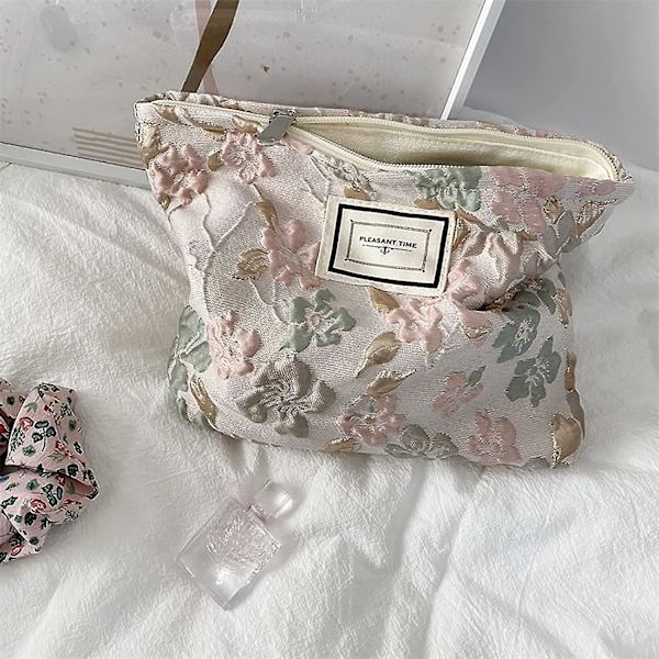 Makeup Taske Fransk Stil Pladsbesparende Canvas Kvinder Bærbar Broderi Makeup