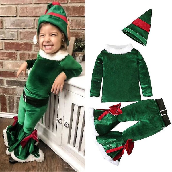 Julemanden Outfits Børn Piger ærmer Toppe Udvidede underdele Sæt Xmas Kostume 3-4 Years Green