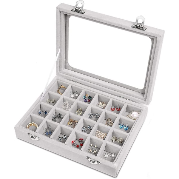 Smyckeskrin 24 fack Sammet Smyckesbricka Låda Glas genomskinligt cover Display Case Display Förvaring (grå)