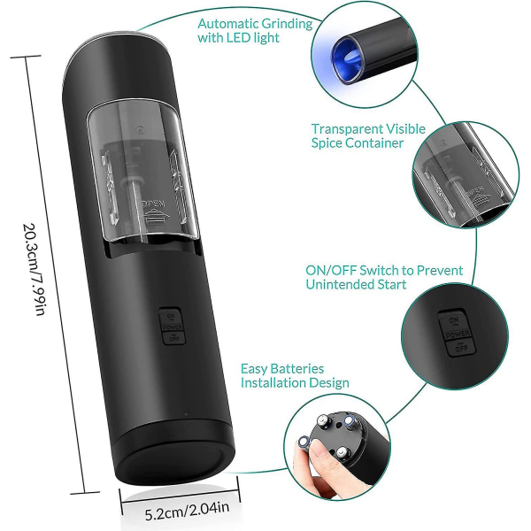 Elektrisk tyngdekraft salt- og peberkværnesæt Batteridrevet, automatisk peberkværn og saltkværn med LED-lys, justerbar grovhed, en håndsbetjening