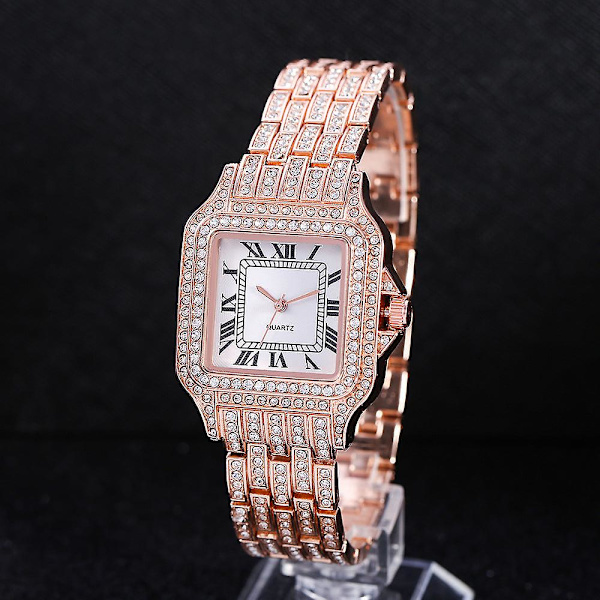 Damklocka med Diamant Stålband Klar Urtavla Romerska Kvarts Klocka Kvinnors Klocka med Diamant Dekorativ Klocka Rose gold