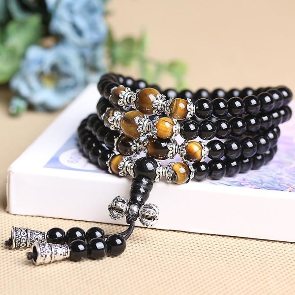 Smykker, 6 mm Obsidian 108 Buddhist Prayer Mara Beads Tiger Eye Gemstone Armbånd Halskæde