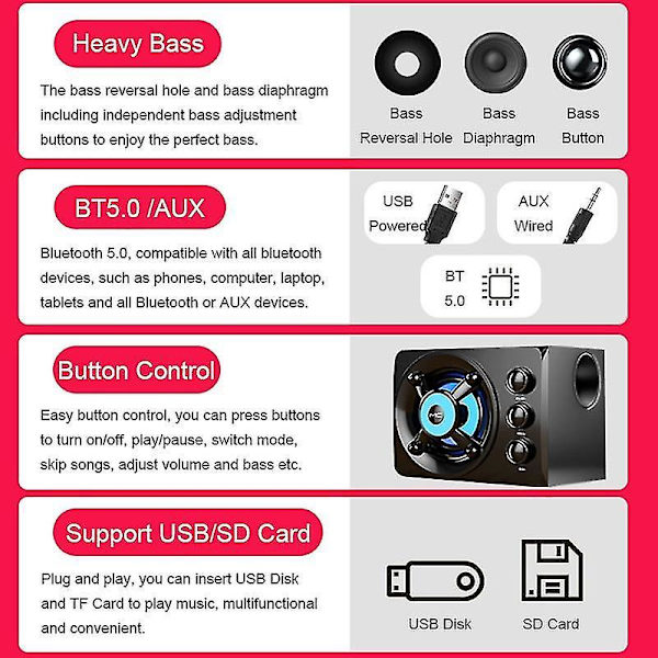 2023 LED Computer Combo Højttalere Aux USB Bluetooth