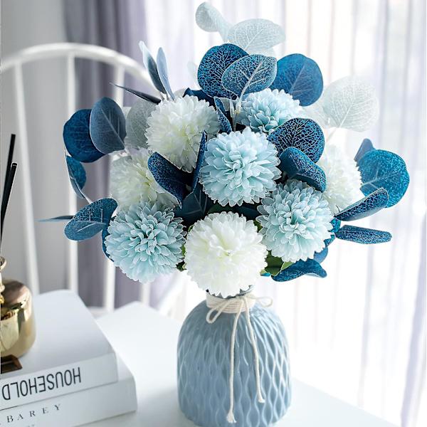 Kunstige Silkeblomster Hortensia Buket, Kunstige Blomster og Blade, Plastikblomster Arrangement Uden Vase Til Bryllup Hjem Kontor Dekoration Blue-White