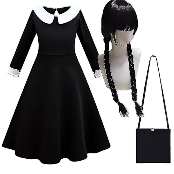 Wednesday Addams 4-10-vuotiaiden tyttöjen mekko + laukku + peruukki/mekko + laukku Hieno 4-5 Years Dress and Wigs