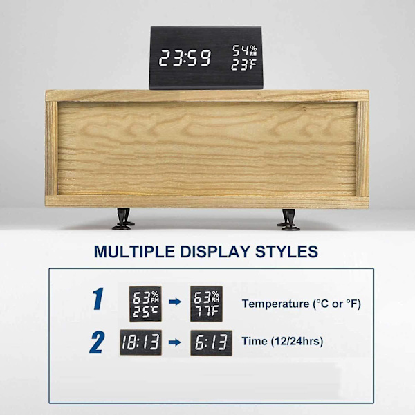Digital vækkeur med trædesign og LED-display, 3 alarmindstillinger