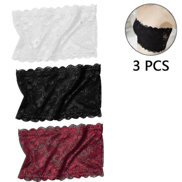 Bran 3 Pieces Dam Blommor Spets Tube Top Bh Bandeau Code-hyj black   white   wine red