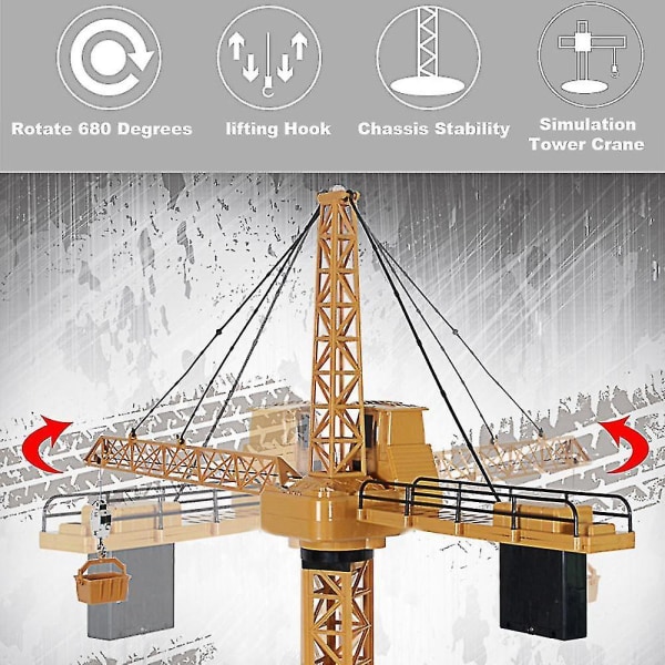 RC Tårnkran 128cm 680° rotasjon Modell 2.4g Fjernkontroll Byggekran Leke med (gul)