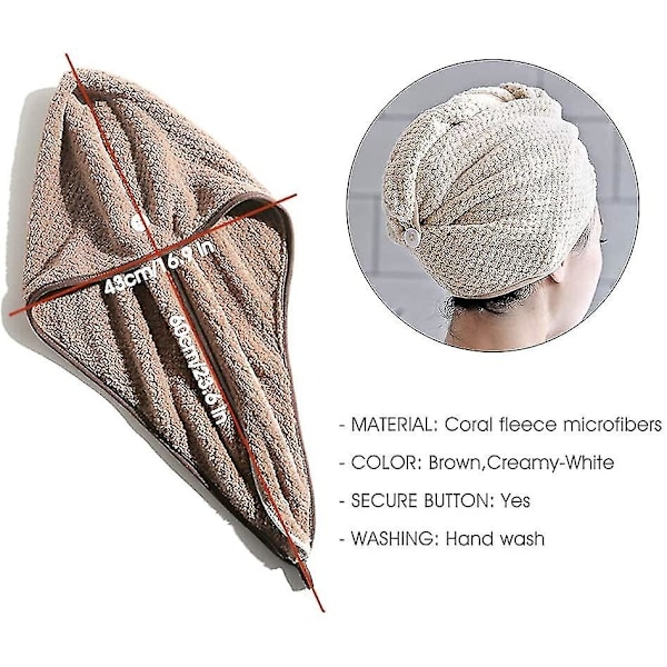 Turbanhandduk, Huvudhandduk med Knapp Mikrofiber, beige+brun - 2 stycken