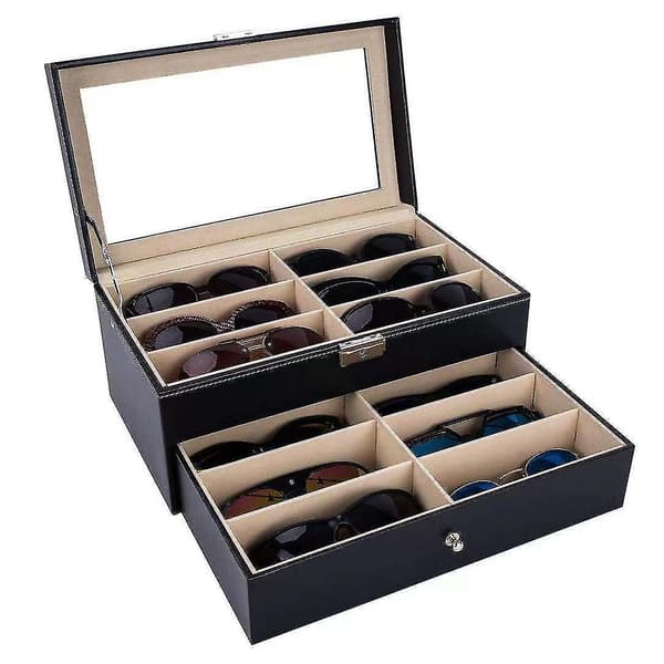 Læder 12-delt Brilleskrin og Solbrille Display Skuffe, Sort