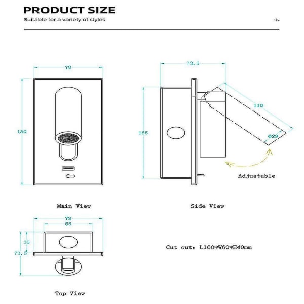 3W Vägglampa Sänggavellampa USB-laddare Varm