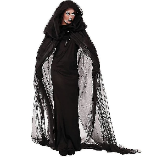 Grim Reaper -naisen läpinäkyvä huppuun kiinnitetty viitta -asu L
