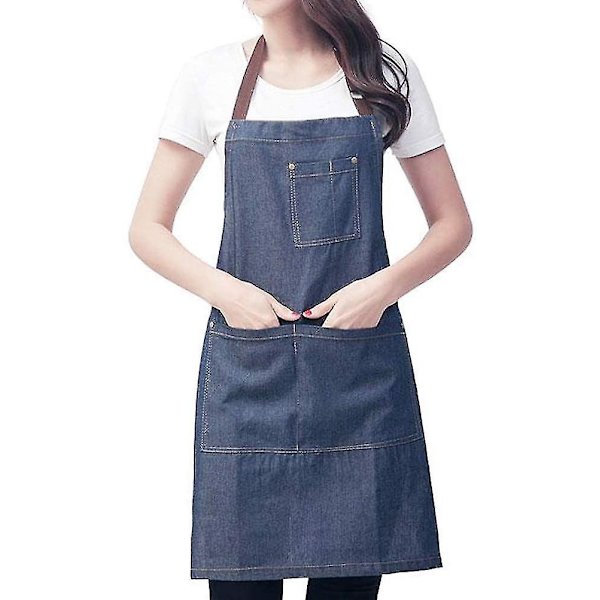 Förkläde i denim, unisex justerbart förkläde med 3 fickor