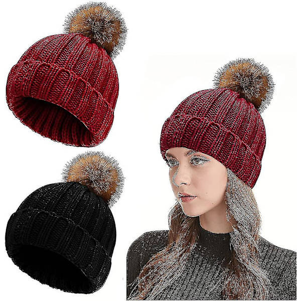 Varm vinterhue til kvinder - Uldig strikket beanie med termisk fleece
