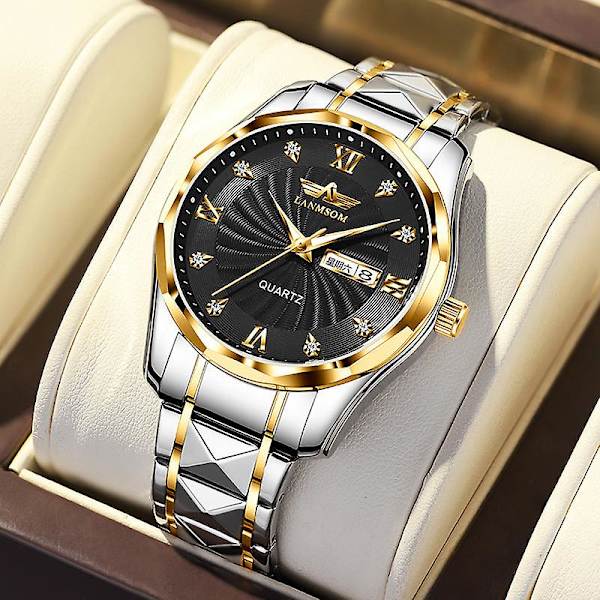 Herrarmbandsur med kalender, kvartsur, automatiskt icke-mekaniskt ur, diamantur, armband Male ls003 black bottom golden edge