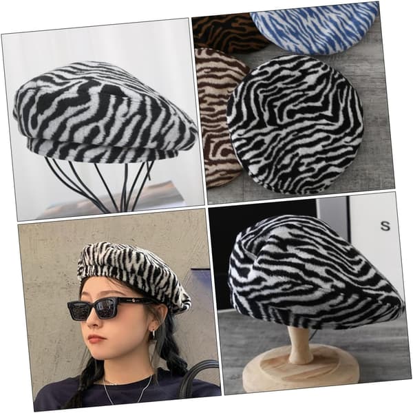 Zebra Korn Baret Varm Plys Hat til Kvinder Maler Stil Efterår og Vinter Blød Behagelig Kasket Sort