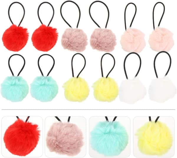 12 stk. Pom Ball Elastiske Hårelastikker Sæt, Fluffy Hestehaleholdere med Bløde Pomponer til Skolehårtilbehør