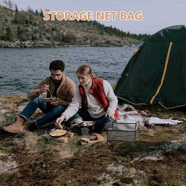 Bärbart hopfällbart campingbord med förvaringskorg i nät, lättvikt