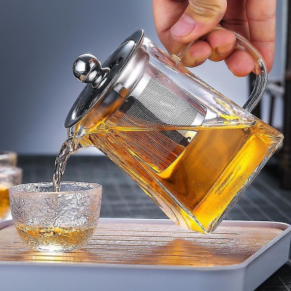 Varmebestandig Glas Kvadratisk Tekande med Rustfrit Stål Filter Te