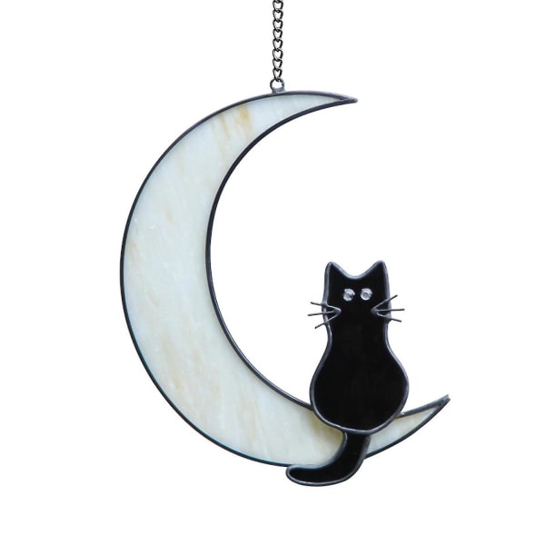 Glass Cat on Moon Suncatcher Window Hanging for Cat Lovers