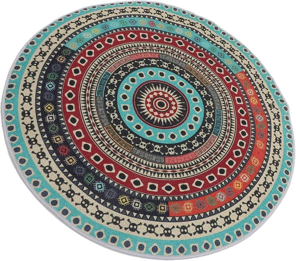Boho Teppe Rundt Gulvteppe 2ft Polyester Vaskbart Enkelt å Rengjøre Fargerikt Bohemian Teppe
