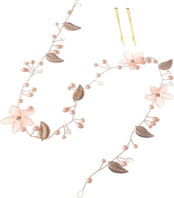 Blomsterhårbånd for brudehårtilbehør Bryllupshodeplagg Rosa blomster og langt blad design for brud bryllupsdag
