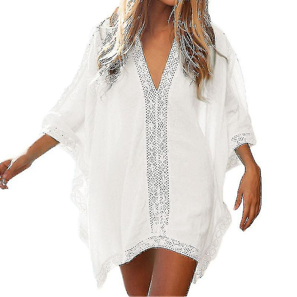 Kvinnors Strandklänning i Spets & Virkning - Kimono, Lång Topp, Semester, Beachwear, Szkyd A-yuhao White