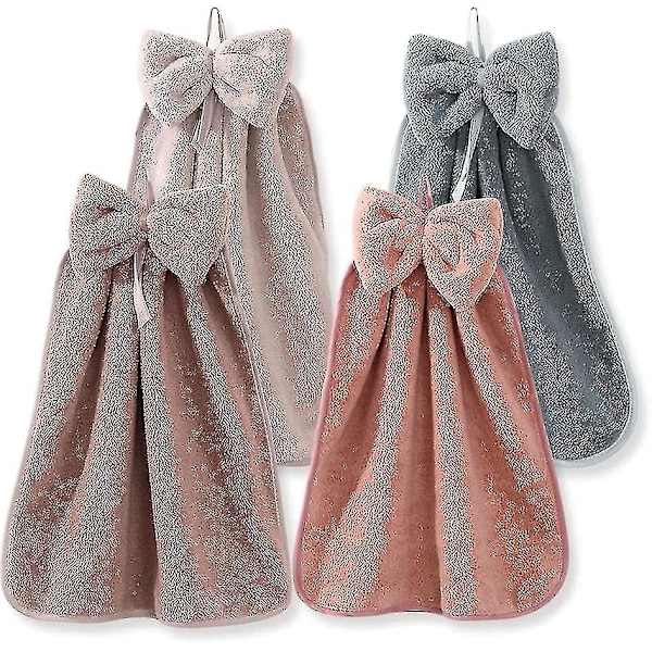 4-pack Hängande Handdukar med Rosett, Mikrofiber Korall Sammet Hängande Slinga Present