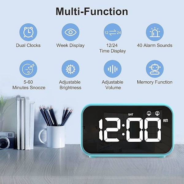 Digital Klocka med Sovtimer, Snooze, Batteridriven och USB-Laddning med Dubbla Alarm