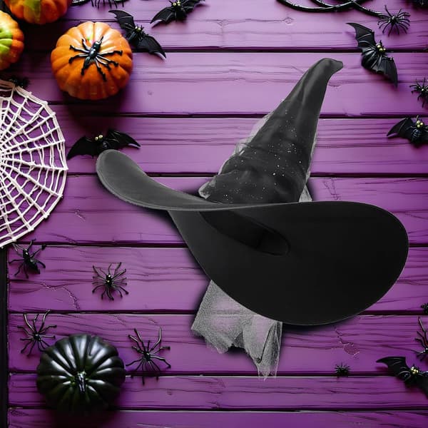Svart plissert nettingheksehatt for Halloweenfest Kvinner Gotisk Trollmannshodeplagg