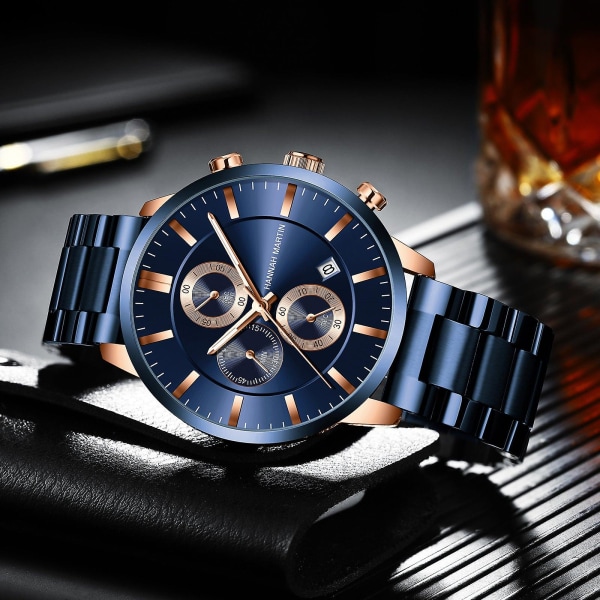 Multifunktionelt kalender vandtæt ur Fashion Blue Business Casual Fine Steel Watch 1202fl rose gold nail blue chain