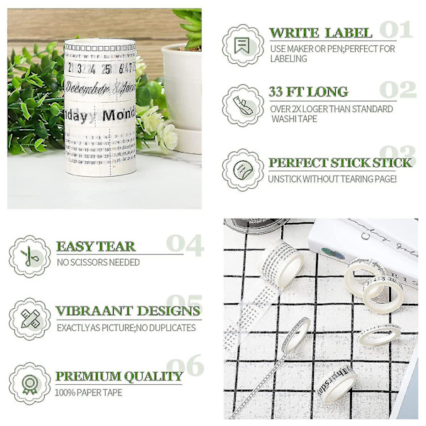 8 Rullar Kalender Washi Tejp Set Datum Dag Vecka Månad Nummer Kalender Washi Maskeringstejp Dekorativ F (tangling)-yuhao