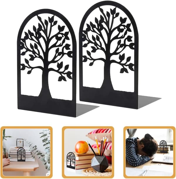 2-pack bokstöd i järn med träddesign, dekorativ bokhylla för studiebord