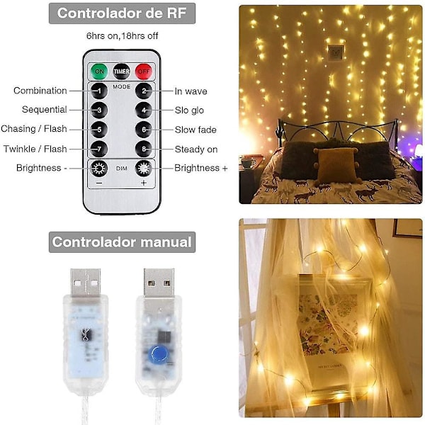 300 LED-gardiner med fjernkontroll - Julelys