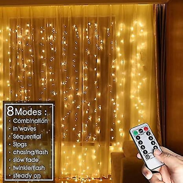 LED Gardinlys Vindue Fe 3mx3m 300 LED'er USB 8 Tilstande