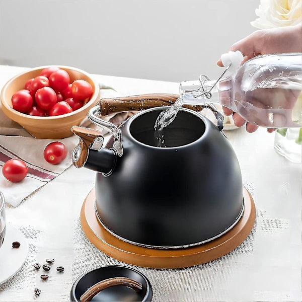 Kogende Kedel med Fløjte, Rustfrit Stål Tekande med Træ Mønster Foldbart Håndtag til Gasskomfur Induktion, 3l A-yuhao Black