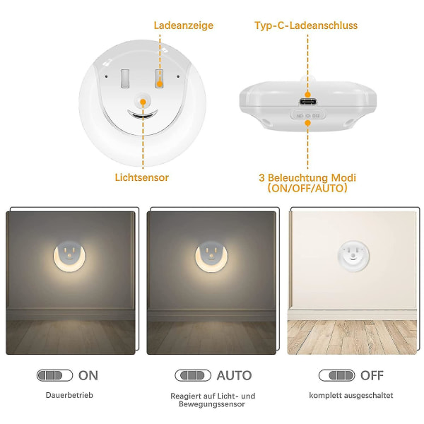 Nattljus med rörelsedetektor [2 delar] Uppladdningsbar USB Smile Nattlampa present
